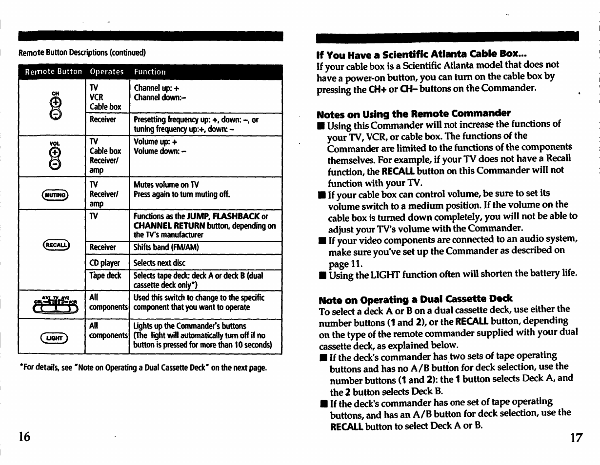 If you have a scientific atlanta cable box, Notes on using the remote commander, Note on operating a dual cassette deck | Sony RM-V21 User Manual | Page 9 / 13