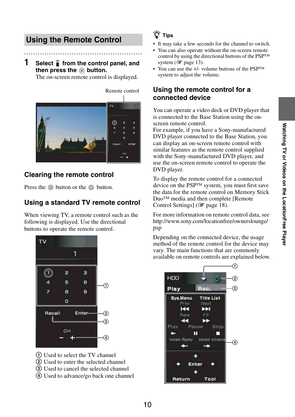 Using the remote control, Clearing the remote control, Using a standard tv remote control | Using the remote control for a connected device | Sony LF-X11 User Manual | Page 10 / 30