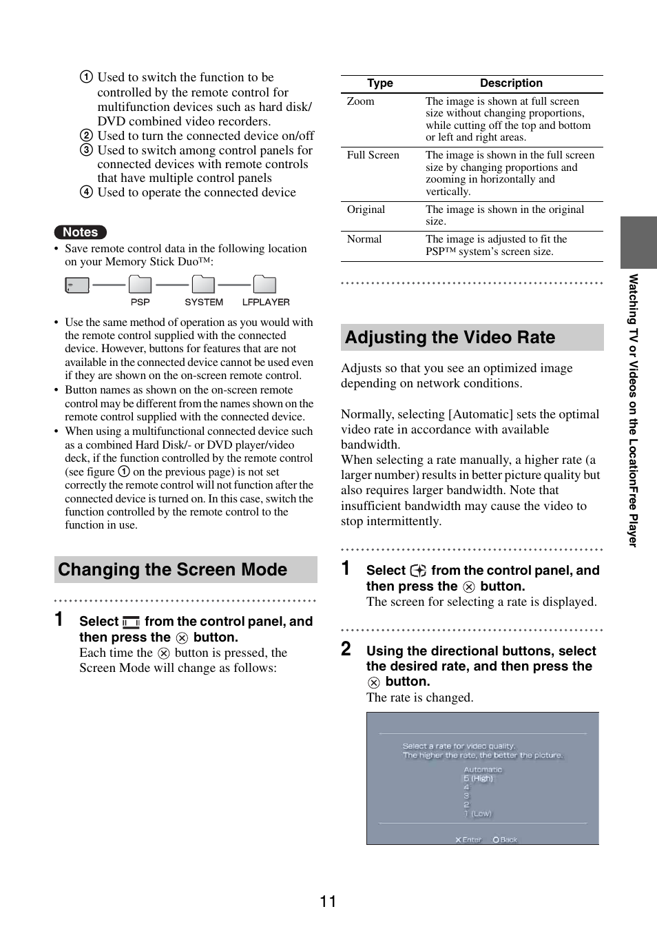 Changing the screen mode, Adjusting the video rate | Sony LF-X11 User Manual | Page 11 / 30