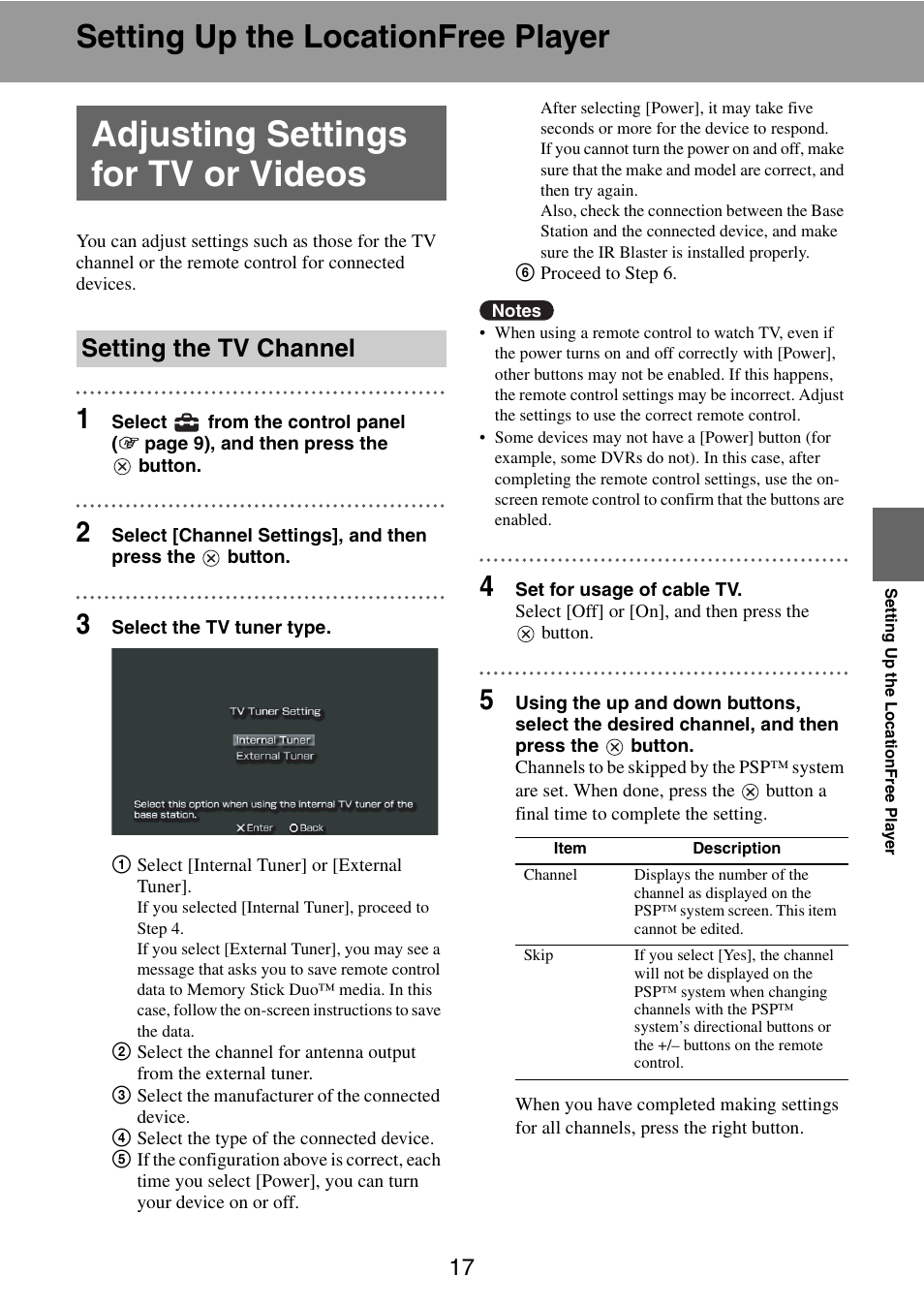 Setting up the locationfree player, Adjusting settings for tv or videos, Setting the tv channel | Sony LF-X11 User Manual | Page 17 / 30