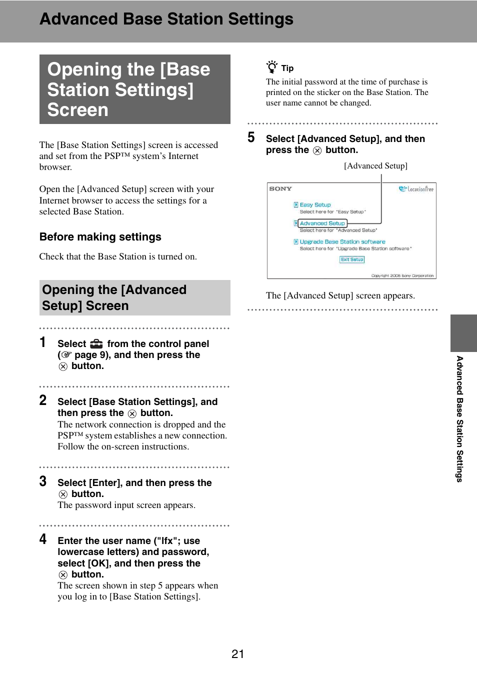 Advanced base station settings, Opening the [base station settings] screen, Opening the [advanced setup] screen | Sony LF-X11 User Manual | Page 21 / 30