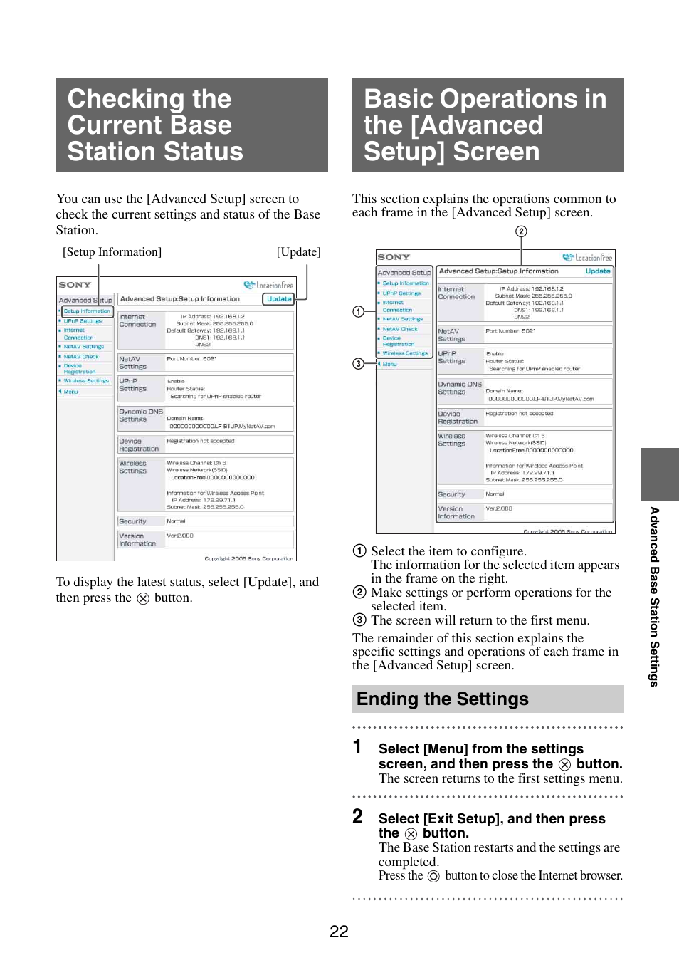 Checking the current base station status, Basic operations in the [advanced setup] screen, Ending the settings | Sony LF-X11 User Manual | Page 22 / 30
