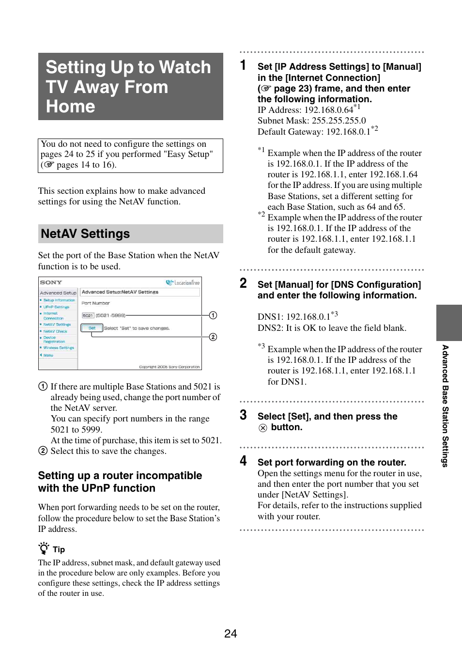 Setting up to watch tv away from home, Netav settings | Sony LF-X11 User Manual | Page 24 / 30
