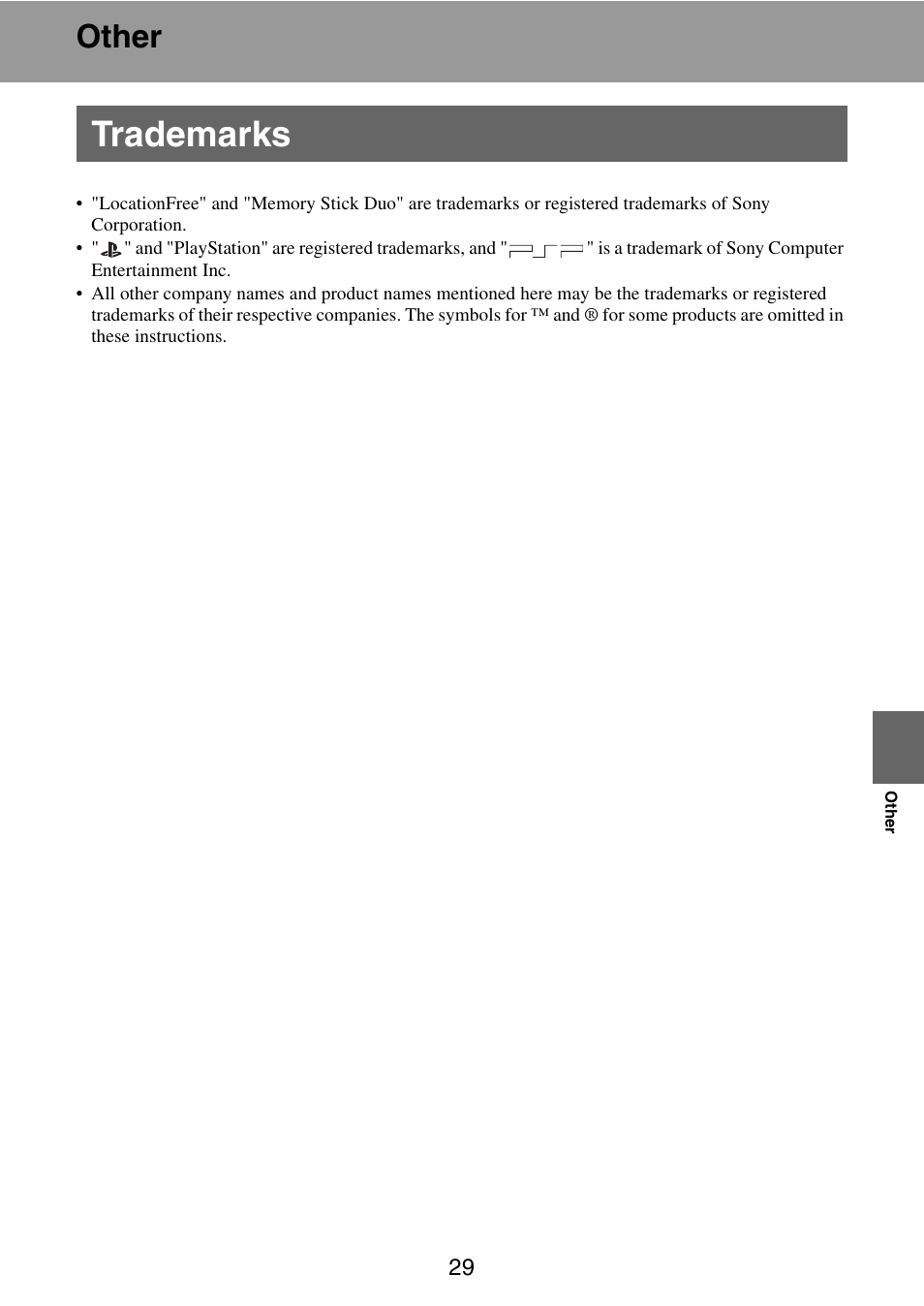 Other, Trademarks | Sony LF-X11 User Manual | Page 29 / 30