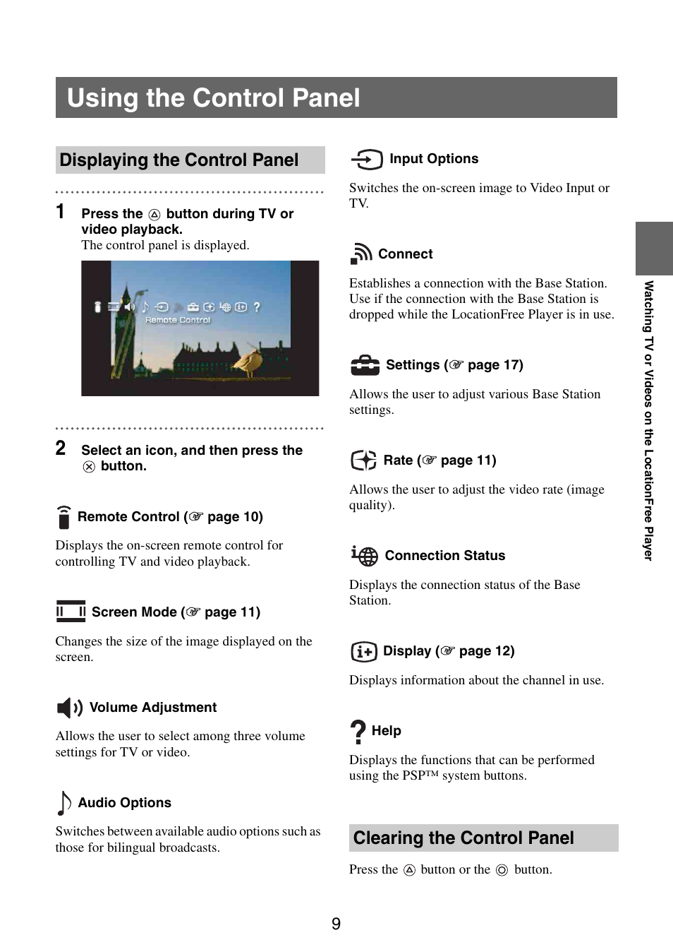 Using the control panel | Sony LF-X11 User Manual | Page 9 / 30