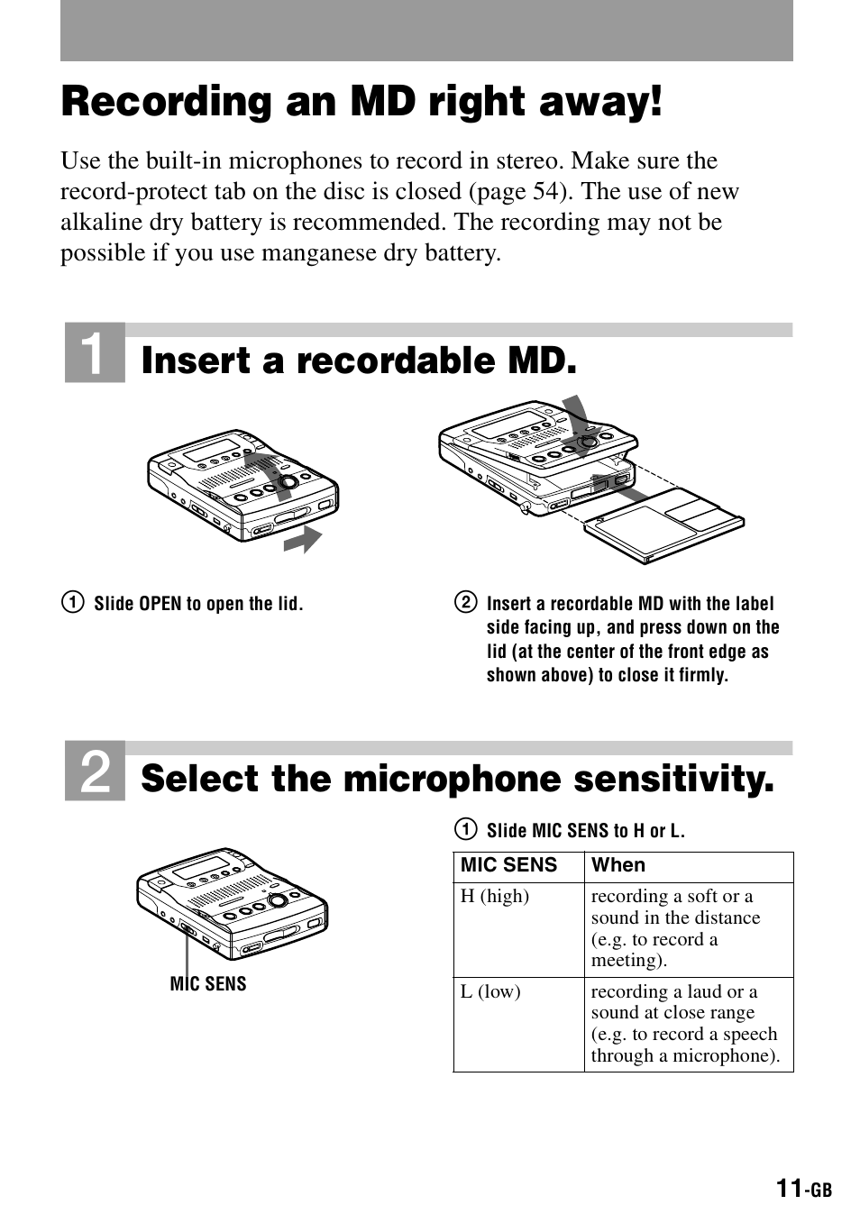 Recording an md right away, Insert a recordable md, Select the microphone sensitivity | Sony MZ-B100 User Manual | Page 11 / 164