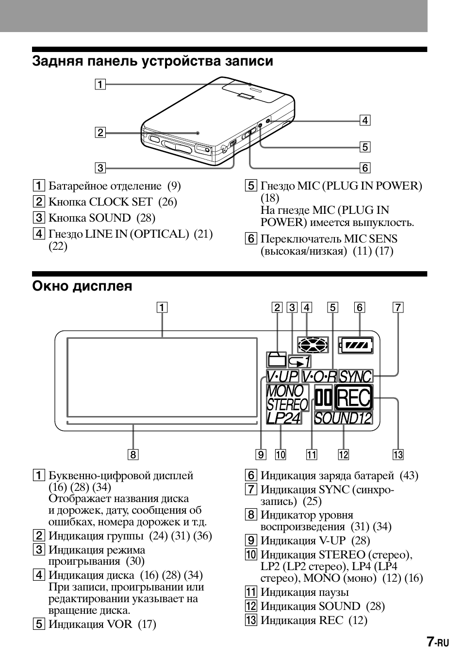 Задняя панель устройства записи, Окно дисплея | Sony MZ-B100 User Manual | Page 115 / 164