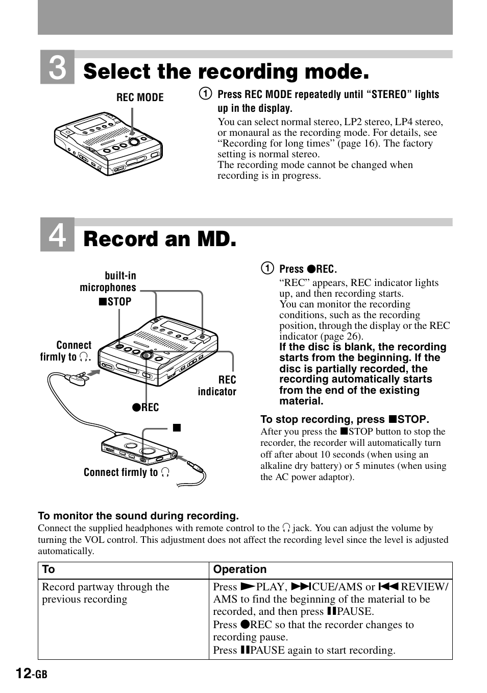 On (12) (1, Ck (12), On (12) | Select the recording mode, Record an md | Sony MZ-B100 User Manual | Page 12 / 164