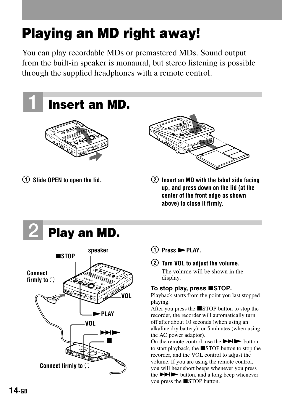 Playing an md right away, L (14), Insert an md | Play an md | Sony MZ-B100 User Manual | Page 14 / 164