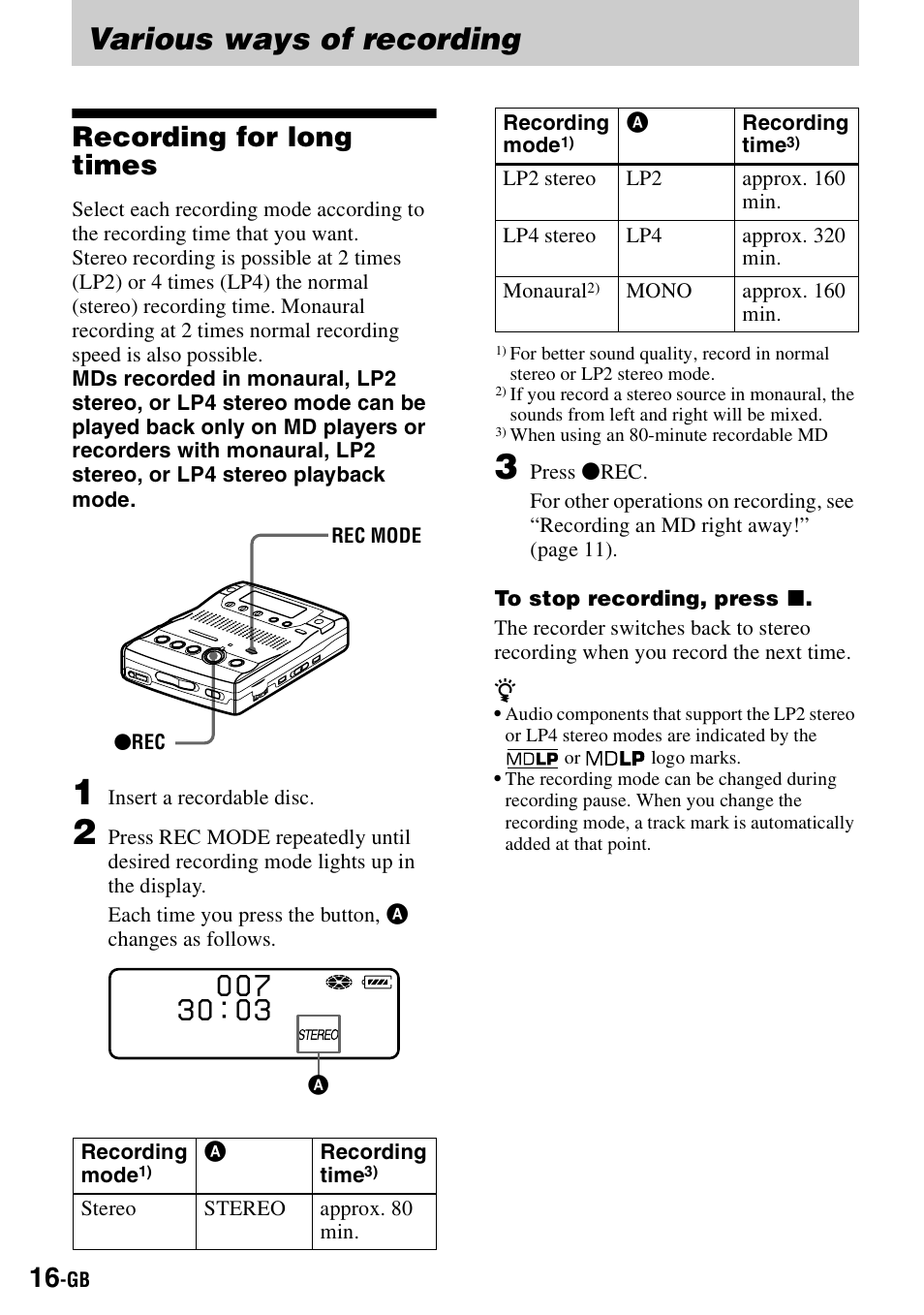 Various ways of recording, Recording for long times, Y (16) | N (16) | Sony MZ-B100 User Manual | Page 16 / 164