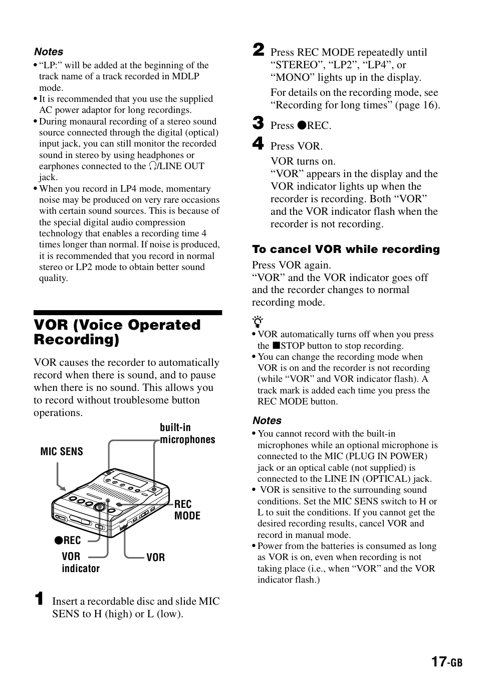 Vor (voice operated recording), R (17), On (17) | Sony MZ-B100 User Manual | Page 17 / 164