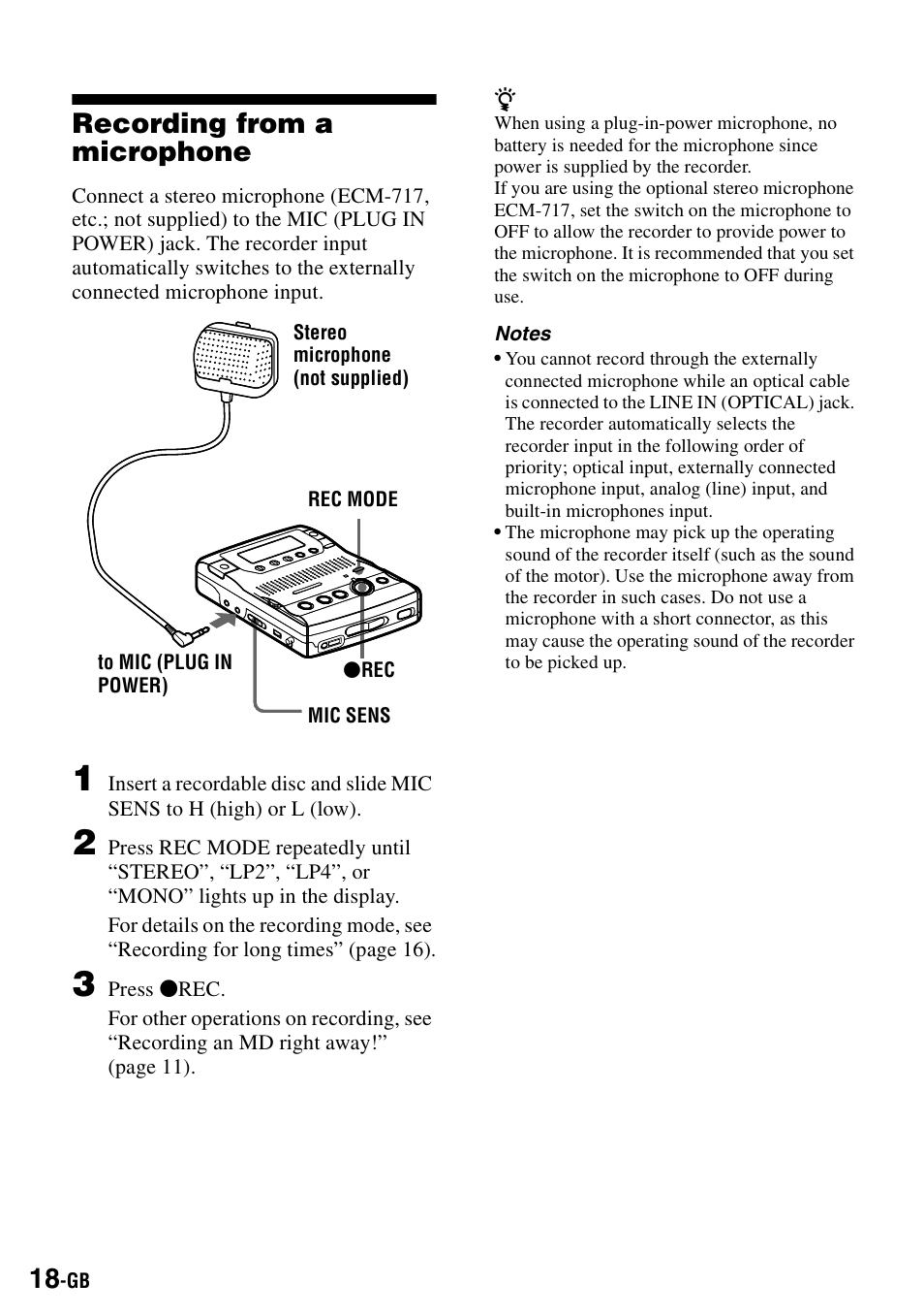 Recording from a microphone | Sony MZ-B100 User Manual | Page 18 / 164