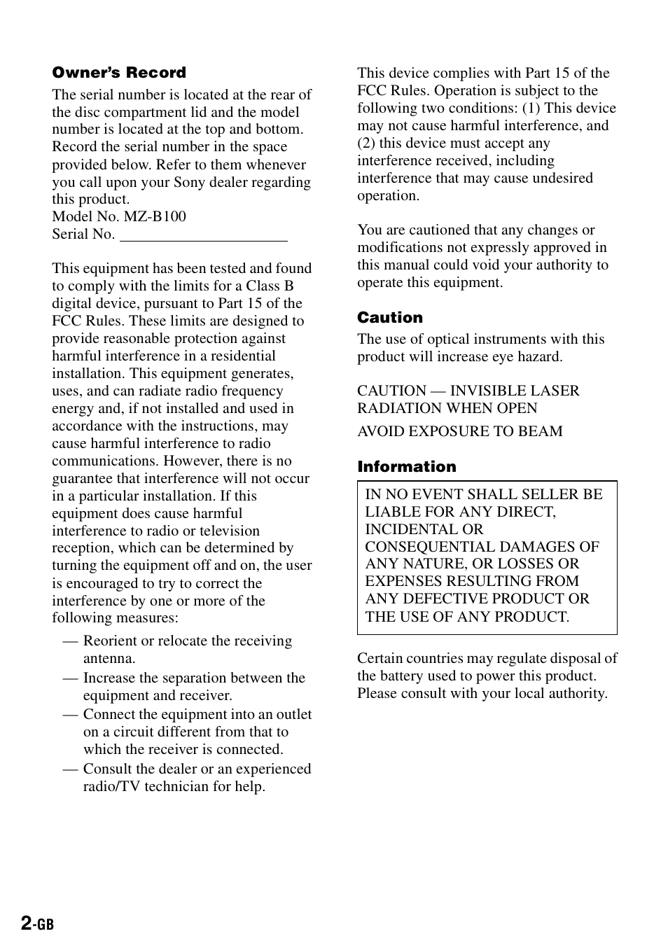 Sony MZ-B100 User Manual | Page 2 / 164