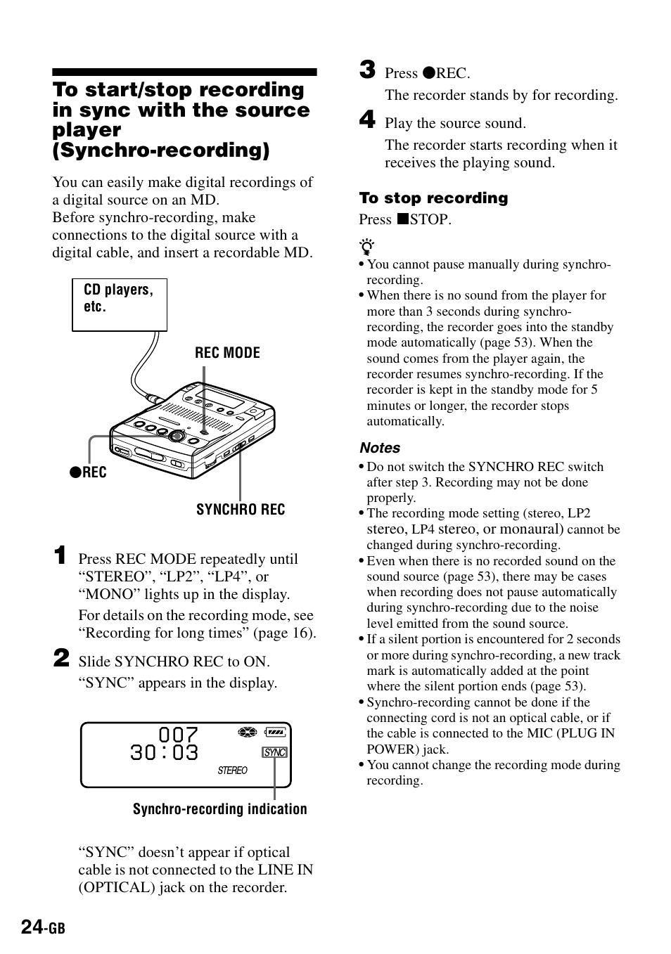 Synchro-recording) | Sony MZ-B100 User Manual | Page 24 / 164