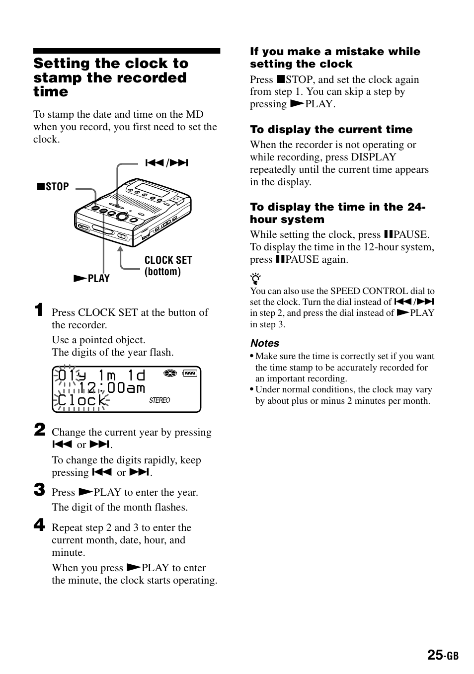 Setting the clock to stamp the recorded time | Sony MZ-B100 User Manual | Page 25 / 164