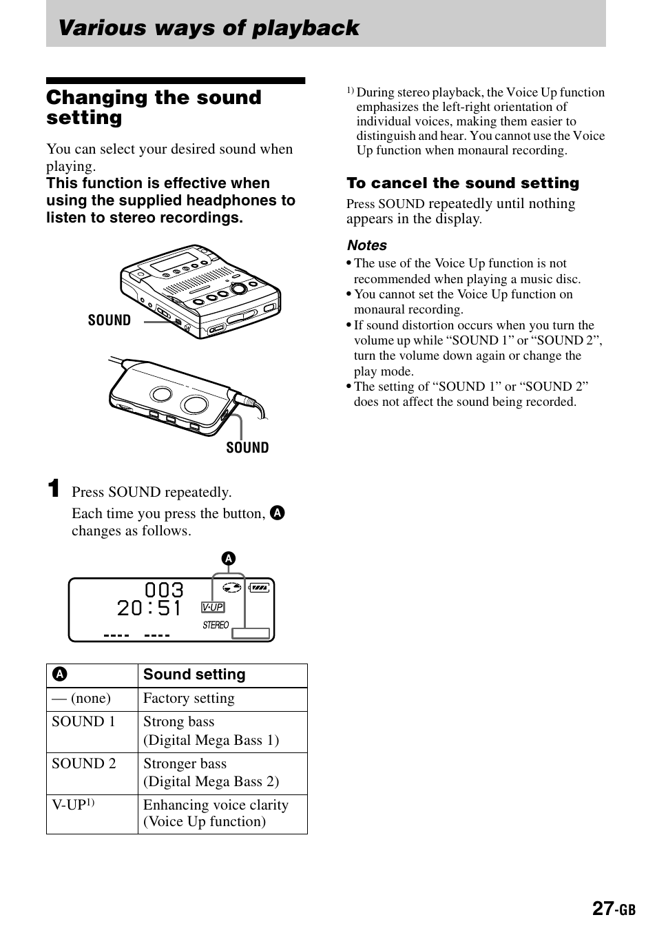 Various ways of playback, Changing the sound setting | Sony MZ-B100 User Manual | Page 27 / 164