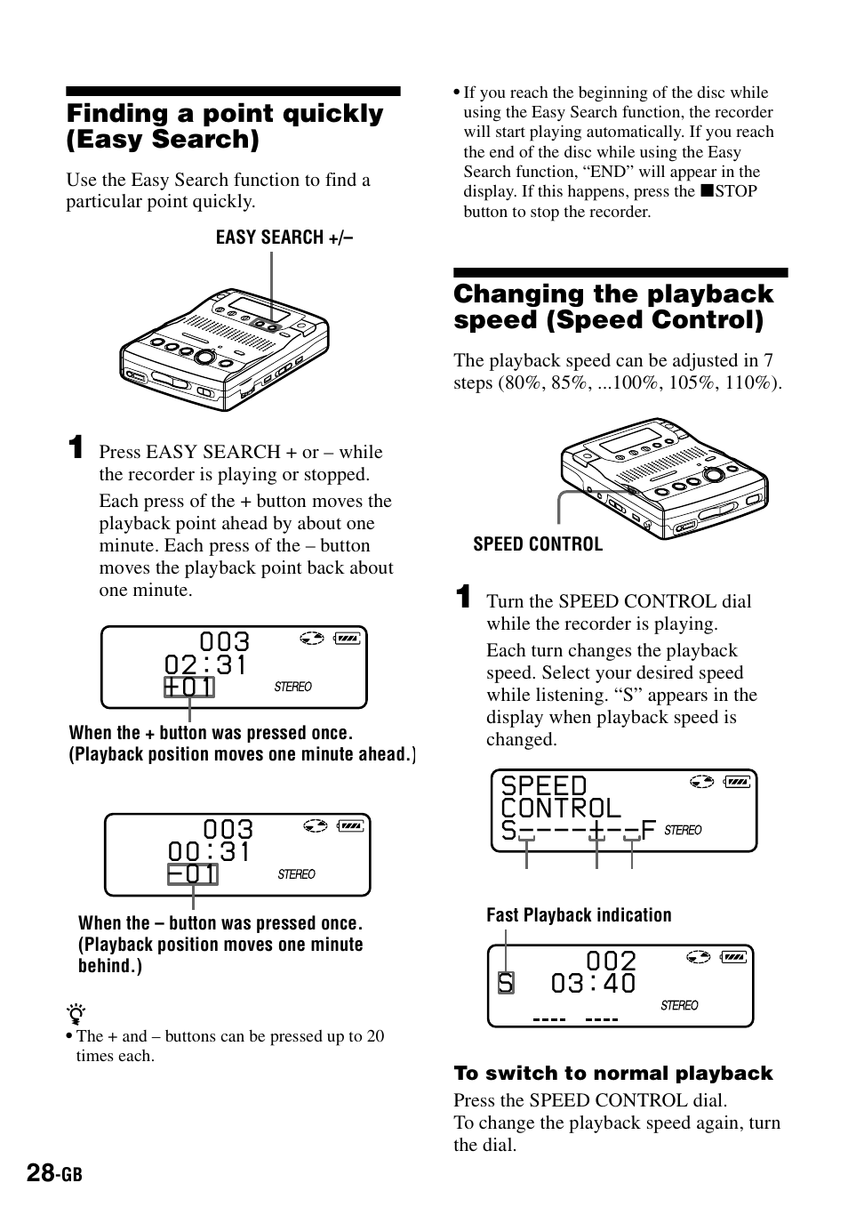 Finding a point quickly (easy search), Changing the playback speed (speed control), Speed control s----+--f | Sony MZ-B100 User Manual | Page 28 / 164