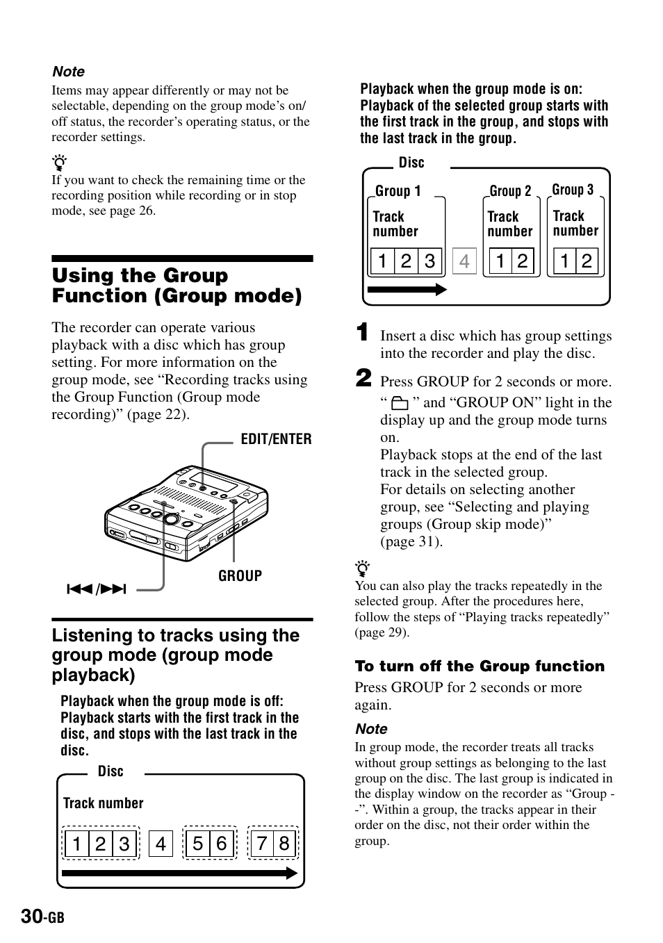 Using the group function (group mode), R (30) (3 | Sony MZ-B100 User Manual | Page 30 / 164