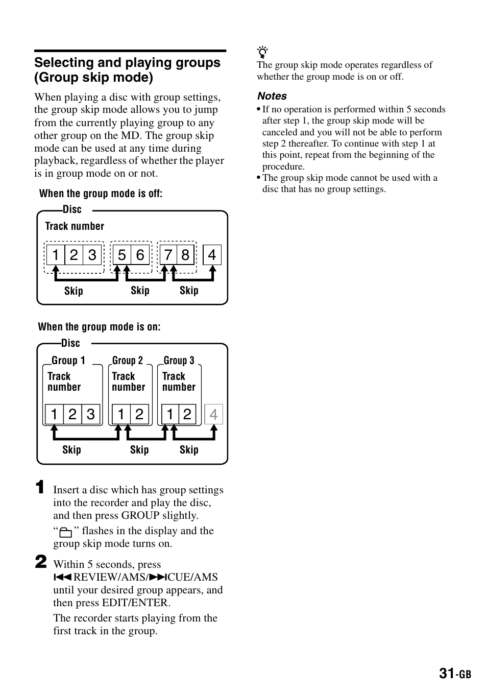 Selecting and playing groups (group skip mode) | Sony MZ-B100 User Manual | Page 31 / 164