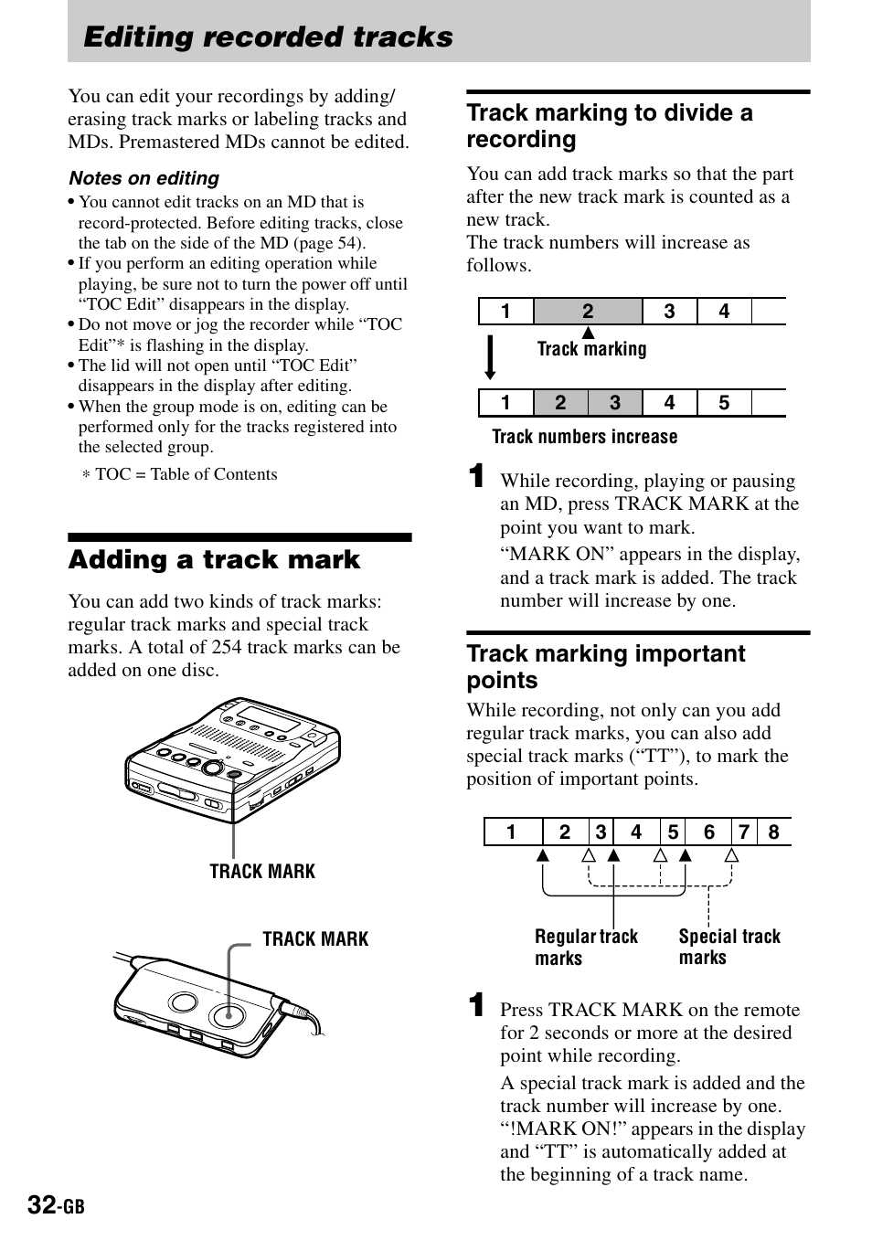 Editing recorded tracks, Adding a track mark, Track marking to divide a recording | Track marking important points | Sony MZ-B100 User Manual | Page 32 / 164