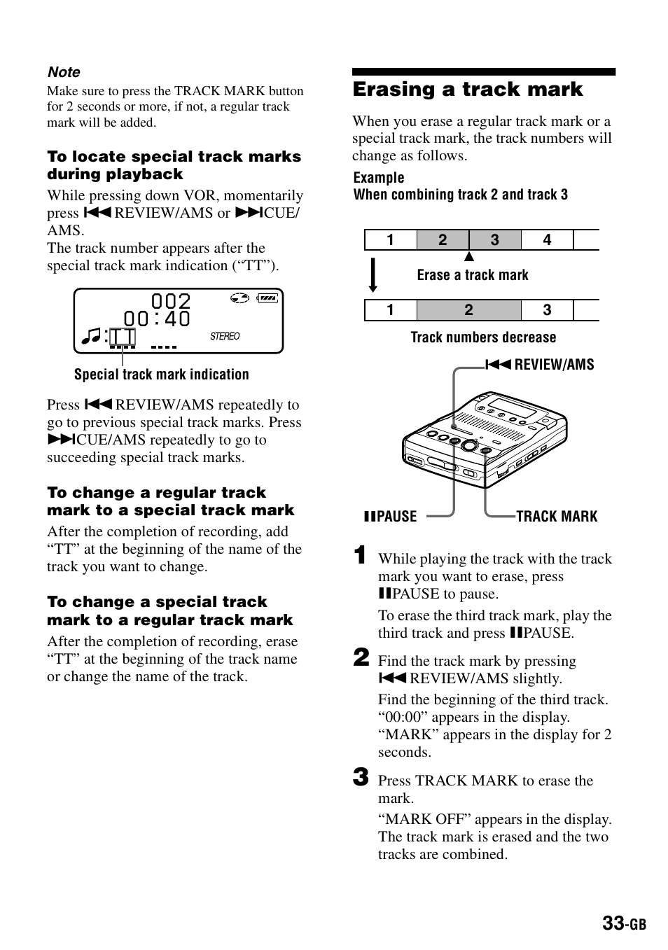 Erasing a track mark | Sony MZ-B100 User Manual | Page 33 / 164