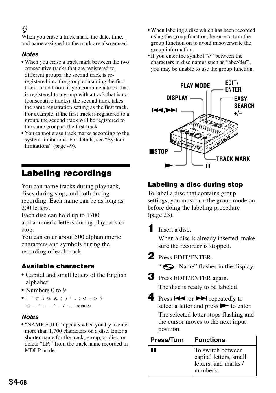 Labeling recordings | Sony MZ-B100 User Manual | Page 34 / 164