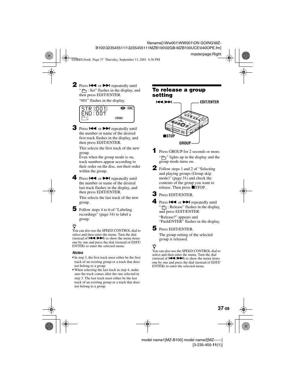 To release a group setting | Sony MZ-B100 User Manual | Page 37 / 164