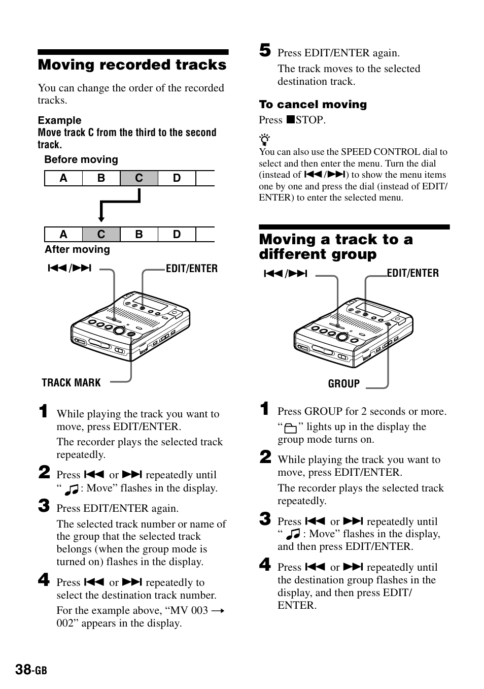 Moving recorded tracks, Moving a track to a different group | Sony MZ-B100 User Manual | Page 38 / 164