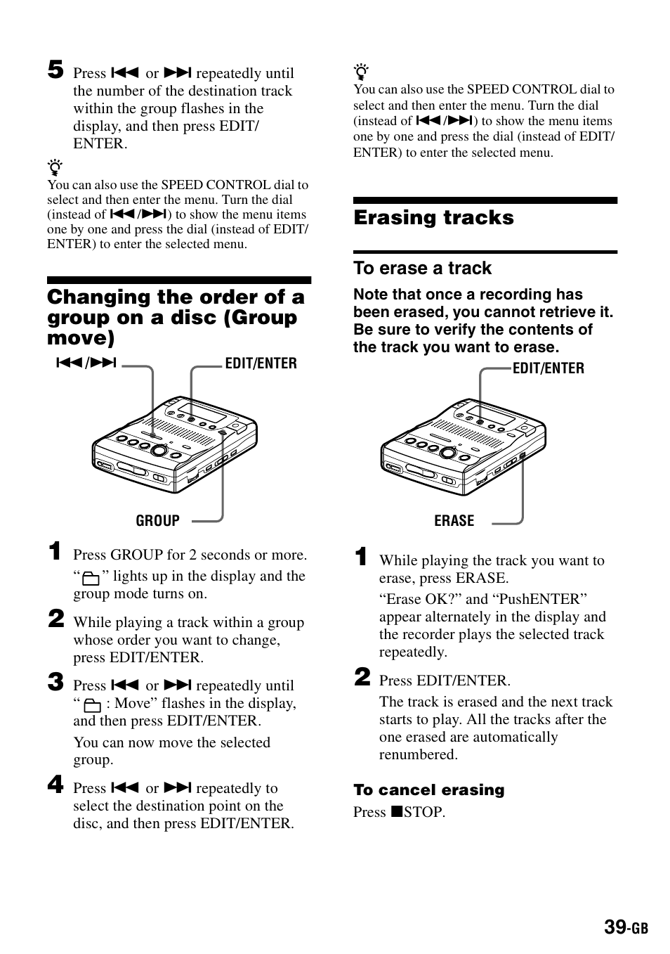 Erasing tracks, To erase a track | Sony MZ-B100 User Manual | Page 39 / 164