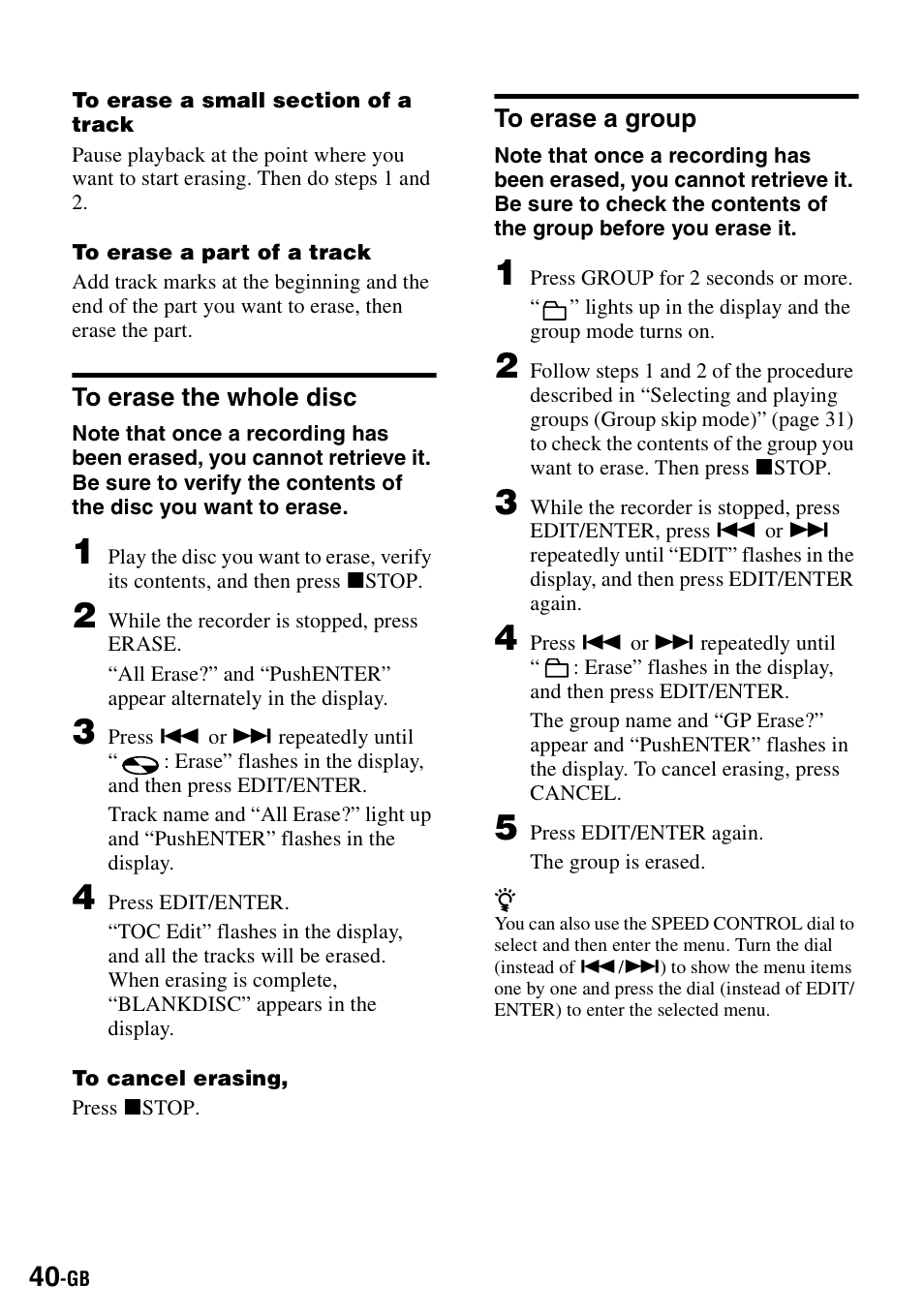 To erase the whole disc, To erase a group, To erase the whole disc to erase a group | Sony MZ-B100 User Manual | Page 40 / 164