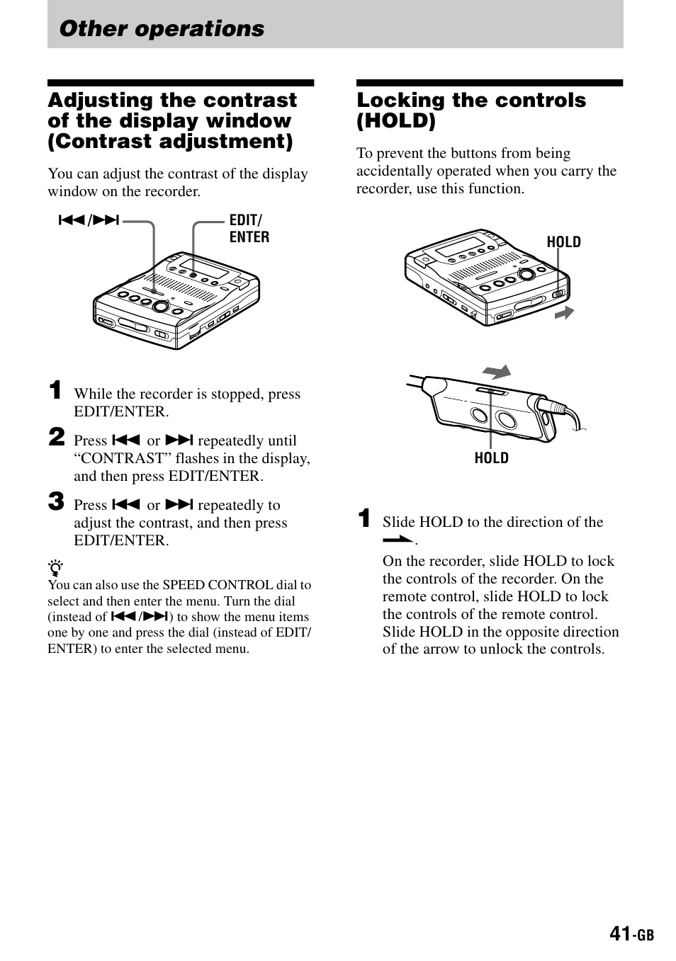 Other operations, Locking the controls (hold), Nd 41) | Sony MZ-B100 User Manual | Page 41 / 164