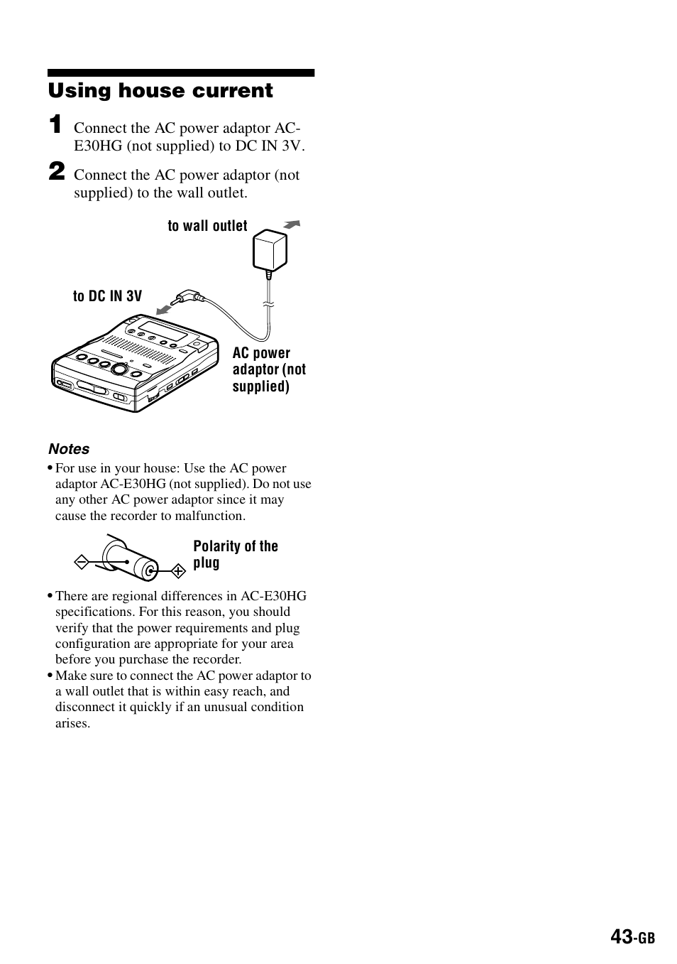 Using house current | Sony MZ-B100 User Manual | Page 43 / 164