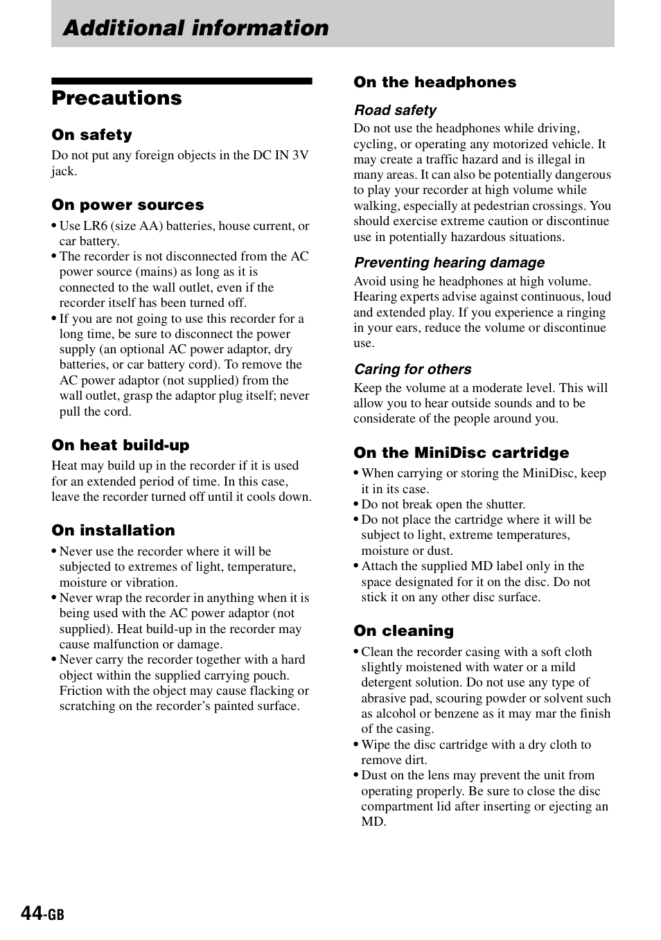 Additional information, Precautions | Sony MZ-B100 User Manual | Page 44 / 164