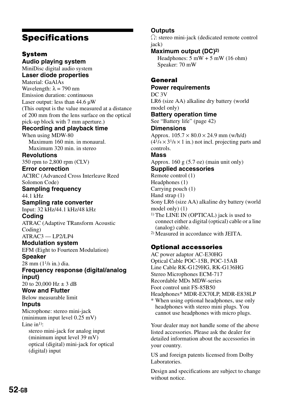 Specifications | Sony MZ-B100 User Manual | Page 52 / 164