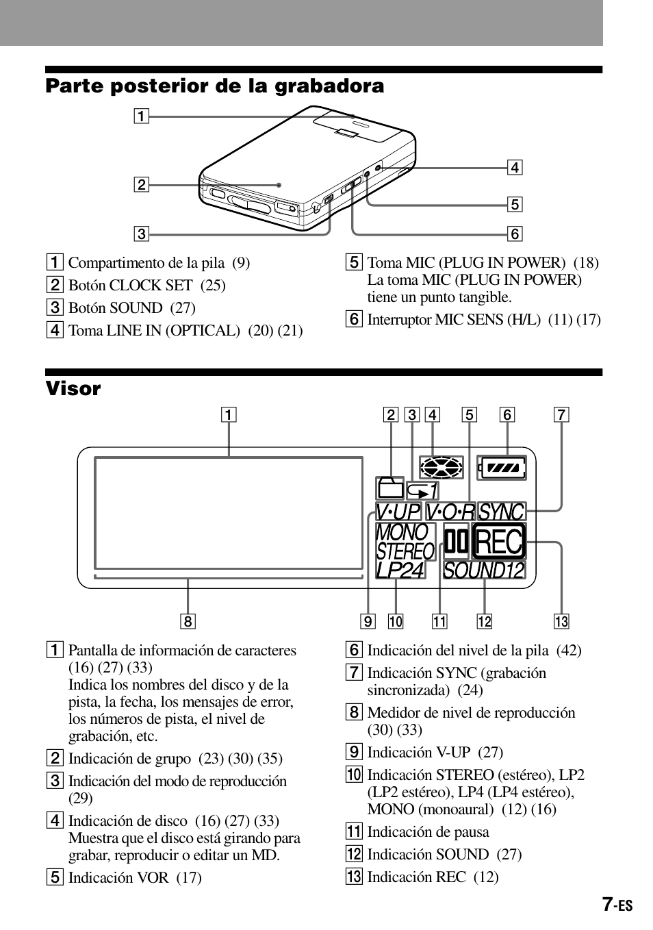Parte posterior de la grabadora, Visor | Sony MZ-B100 User Manual | Page 61 / 164