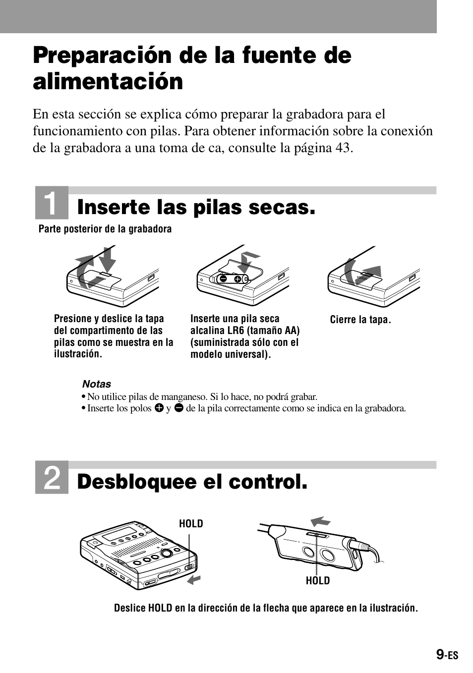 Preparación de la fuente de alimentación, Inserte las pilas secas, Desbloquee el control | Sony MZ-B100 User Manual | Page 63 / 164