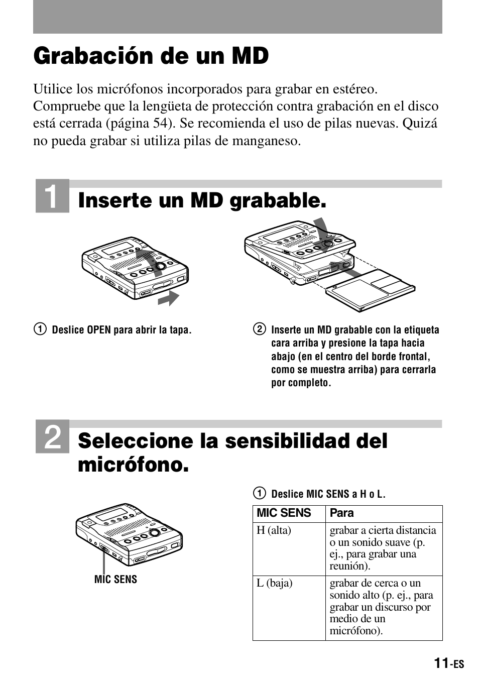 Grabación de un md, Inserte un md grabable, Seleccione la sensibilidad del micrófono | Sony MZ-B100 User Manual | Page 65 / 164