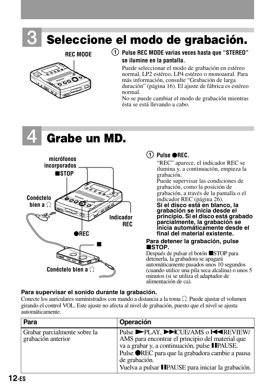 C (12), Onos (12), Seleccione el modo de grabación | Grabe un md | Sony MZ-B100 User Manual | Page 66 / 164