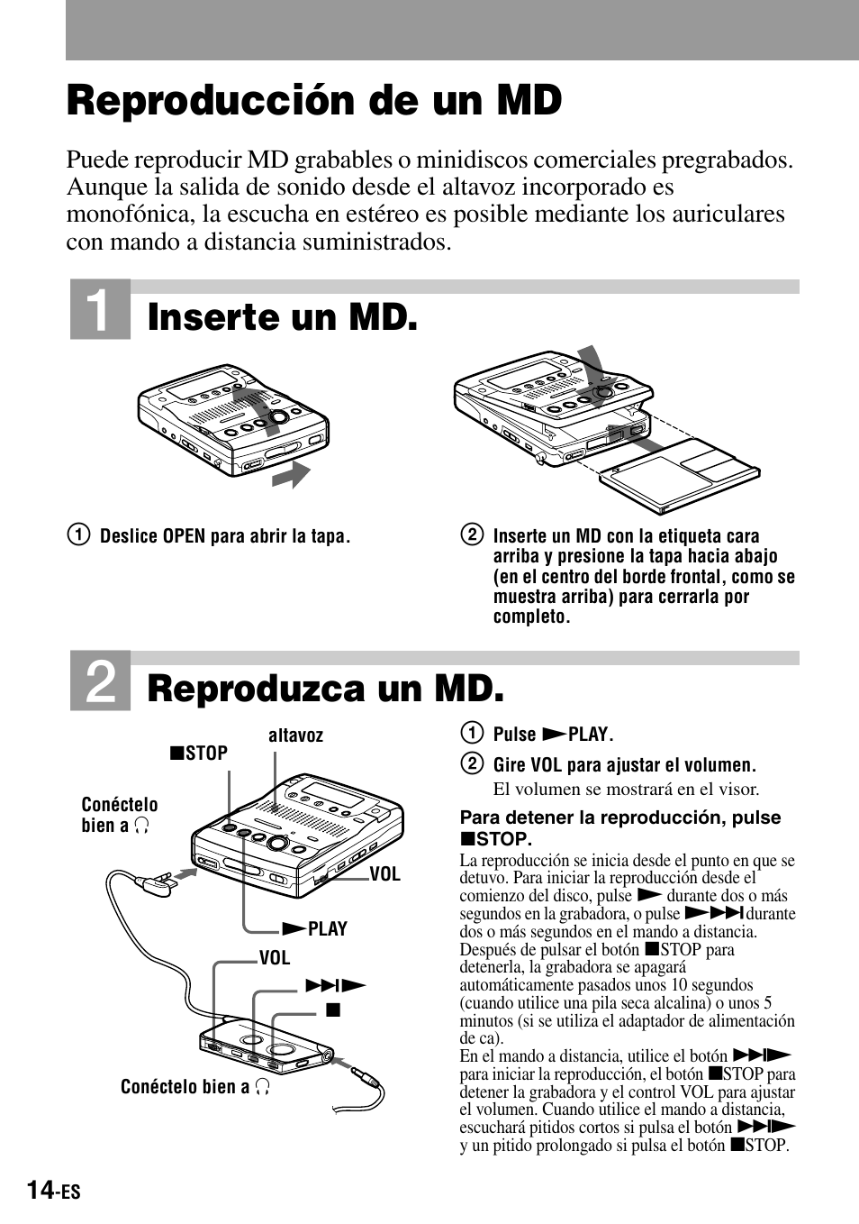 Reproducción de un md, L (14), Inserte un md | Reproduzca un md | Sony MZ-B100 User Manual | Page 68 / 164