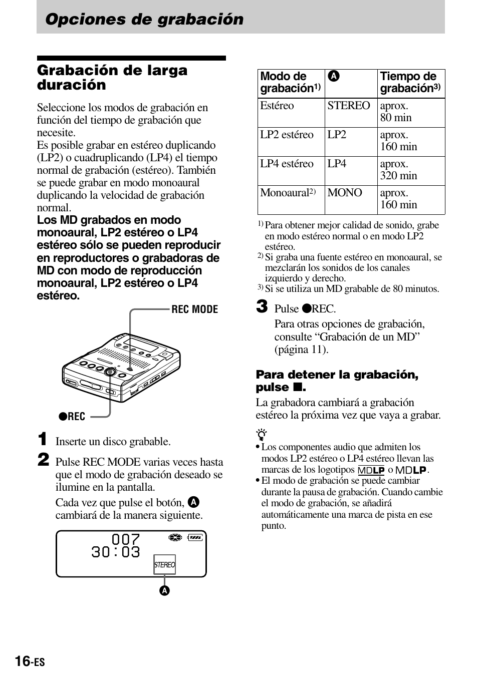 Opciones de grabación, Grabación de larga duración | Sony MZ-B100 User Manual | Page 70 / 164