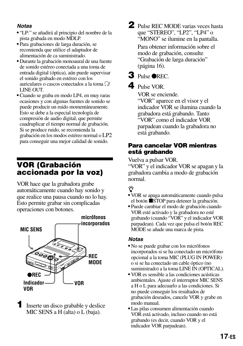 Vor (grabación accionada por la voz) | Sony MZ-B100 User Manual | Page 71 / 164