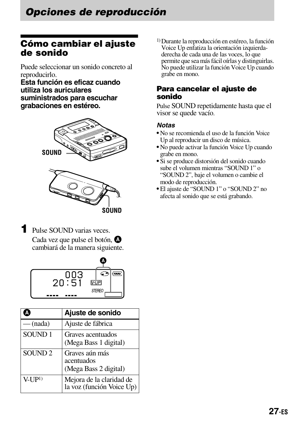 Opciones de reproducción, Cómo cambiar el ajuste de sonido | Sony MZ-B100 User Manual | Page 81 / 164