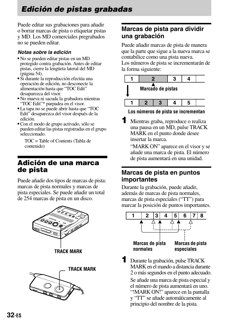 Edición de pistas grabadas, Adición de una marca de pista, Marcas de pista para dividir una grabación | Marcas de pista en puntos importantes | Sony MZ-B100 User Manual | Page 86 / 164