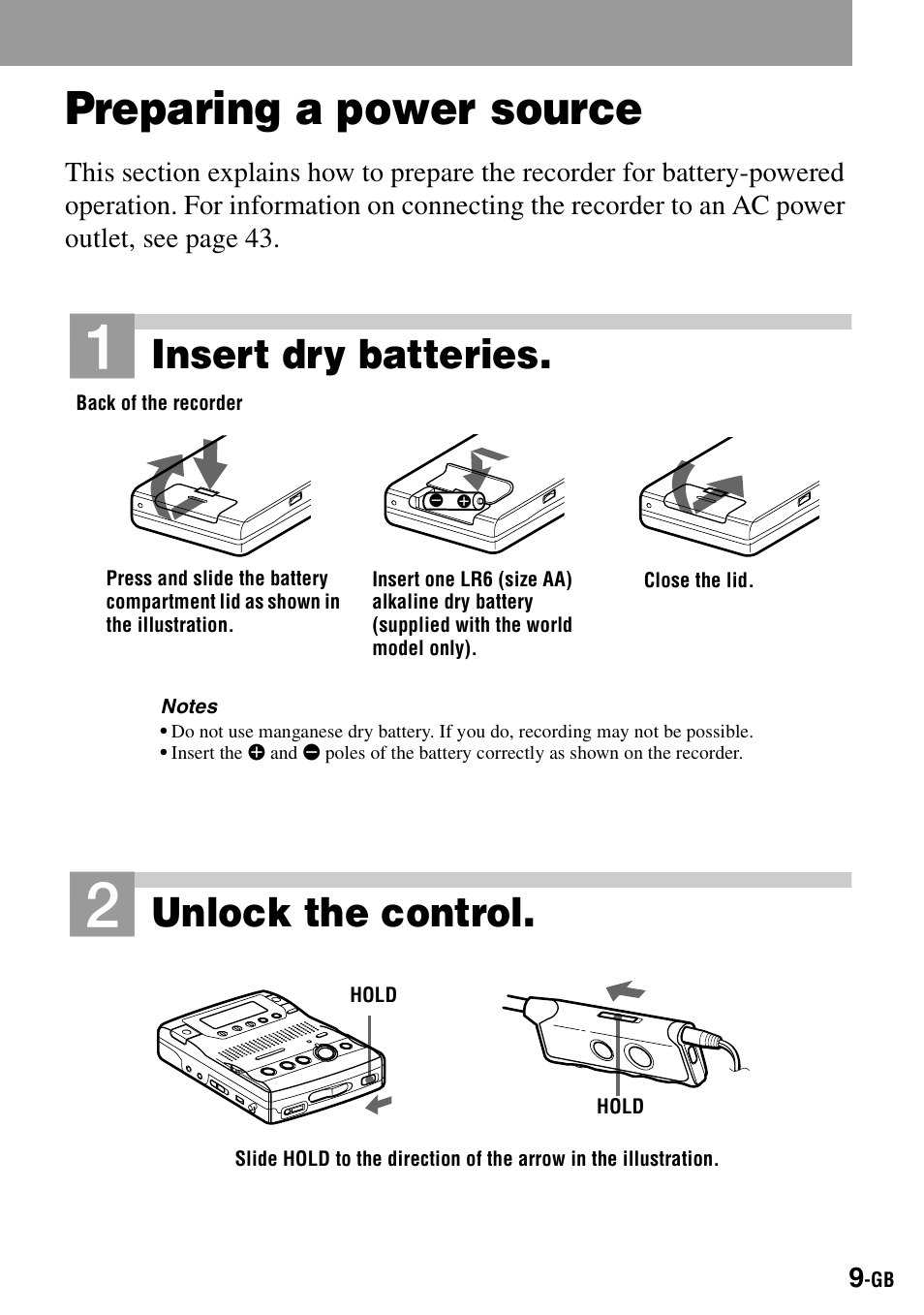 Preparing a power source, H (9), Insert dry batteries | Unlock the control | Sony MZ-B100 User Manual | Page 9 / 164