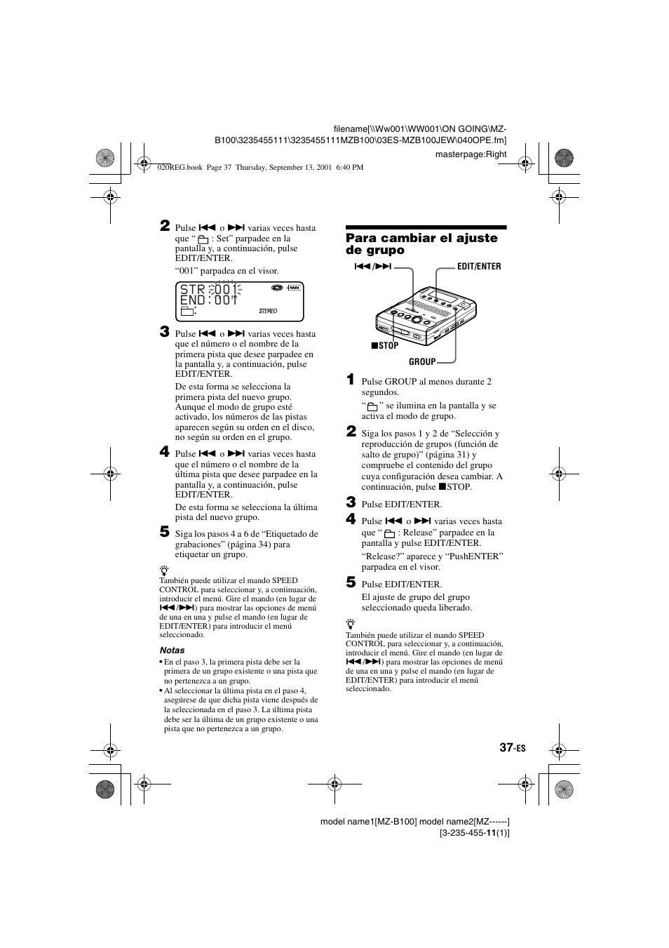 Para cambiar el ajuste de grupo | Sony MZ-B100 User Manual | Page 91 / 164