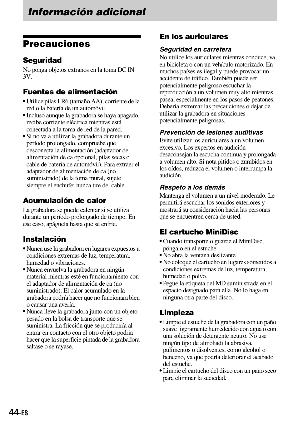 Información adicional, Precauciones | Sony MZ-B100 User Manual | Page 98 / 164