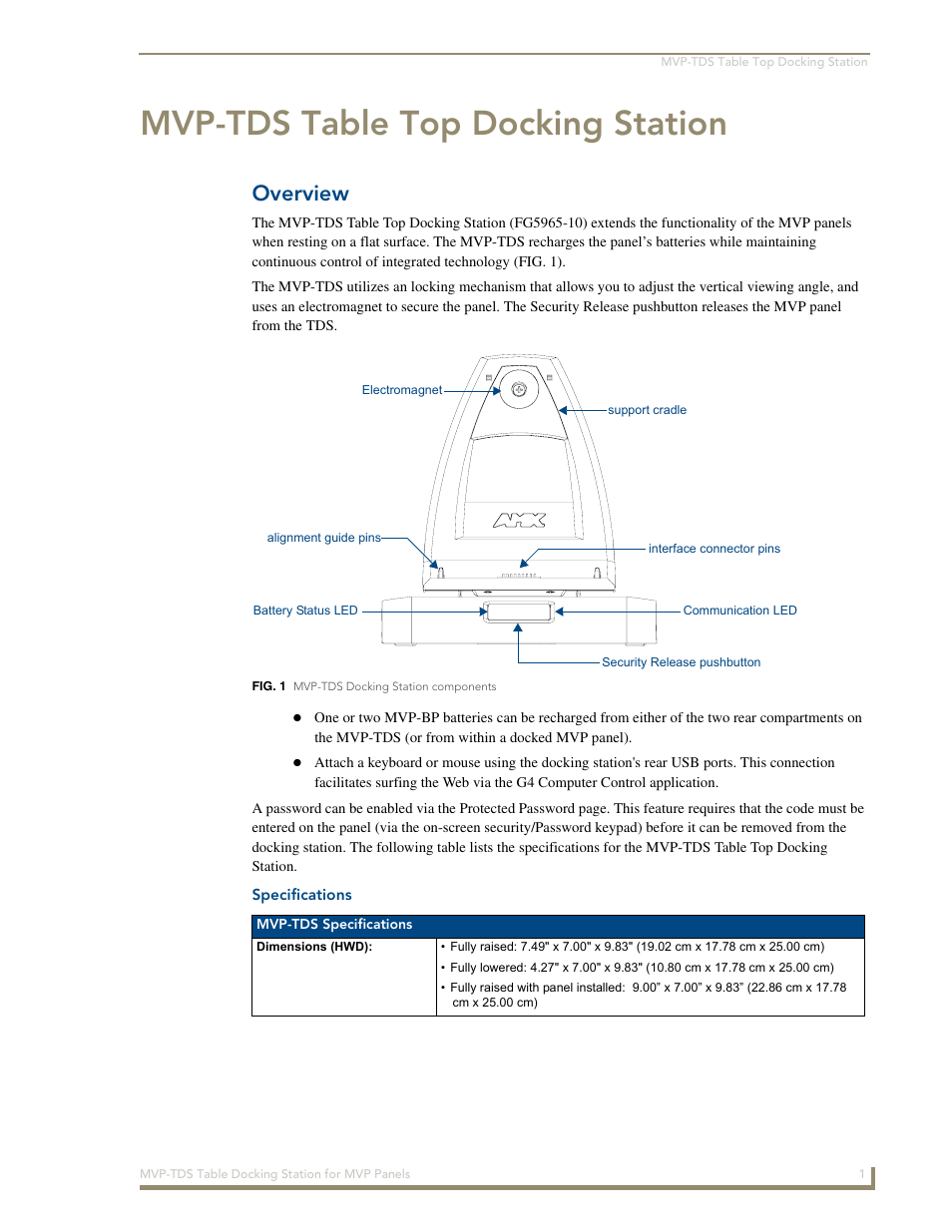 Mvp-tds table top docking station, Overview, Specifications | AMX Table Docking Station MVP-TDS User Manual | Page 7 / 20
