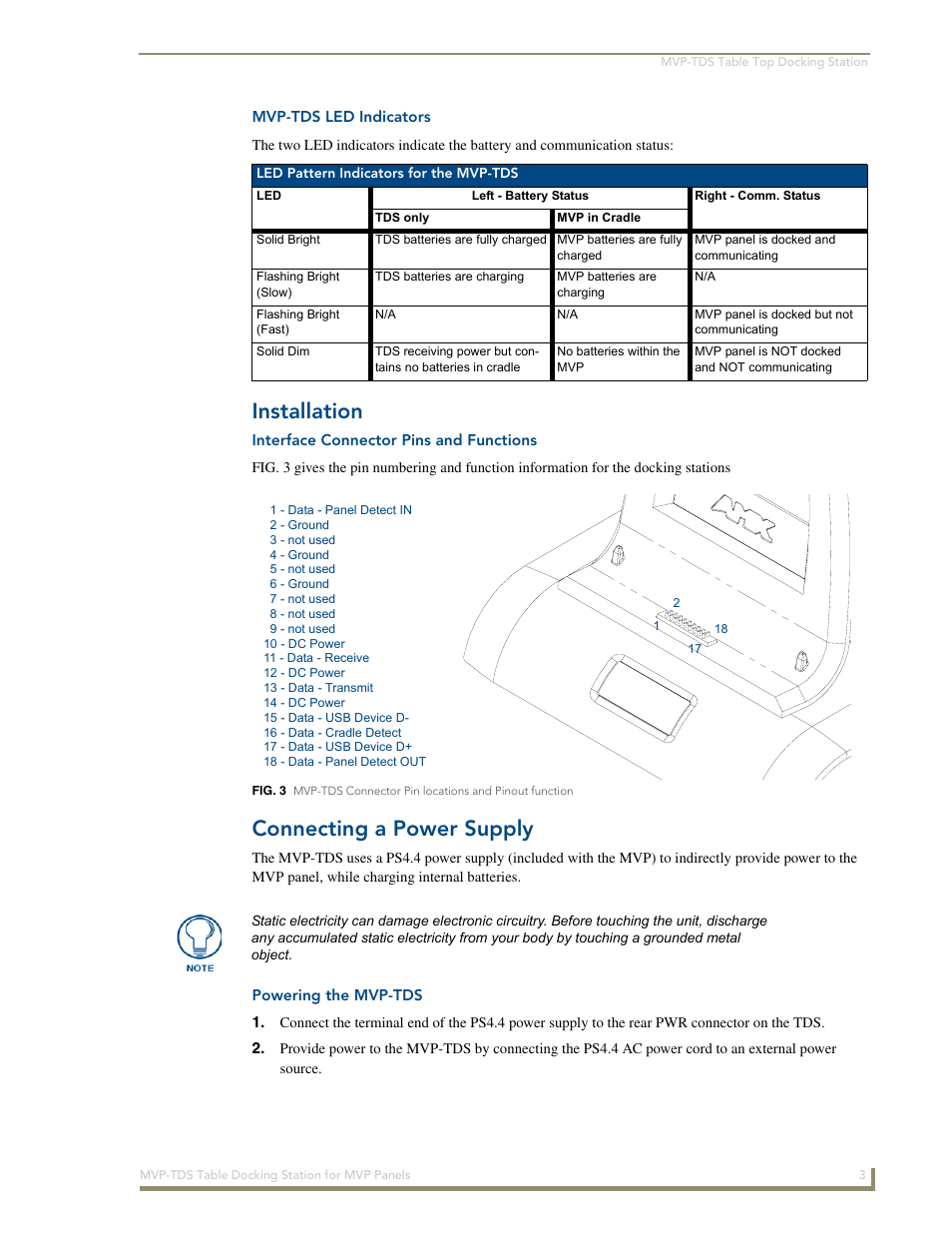 Mvp-tds led indicators, Installation, Interface connector pins and functions | Connecting a power supply, Powering the mvp-tds | AMX Table Docking Station MVP-TDS User Manual | Page 9 / 20