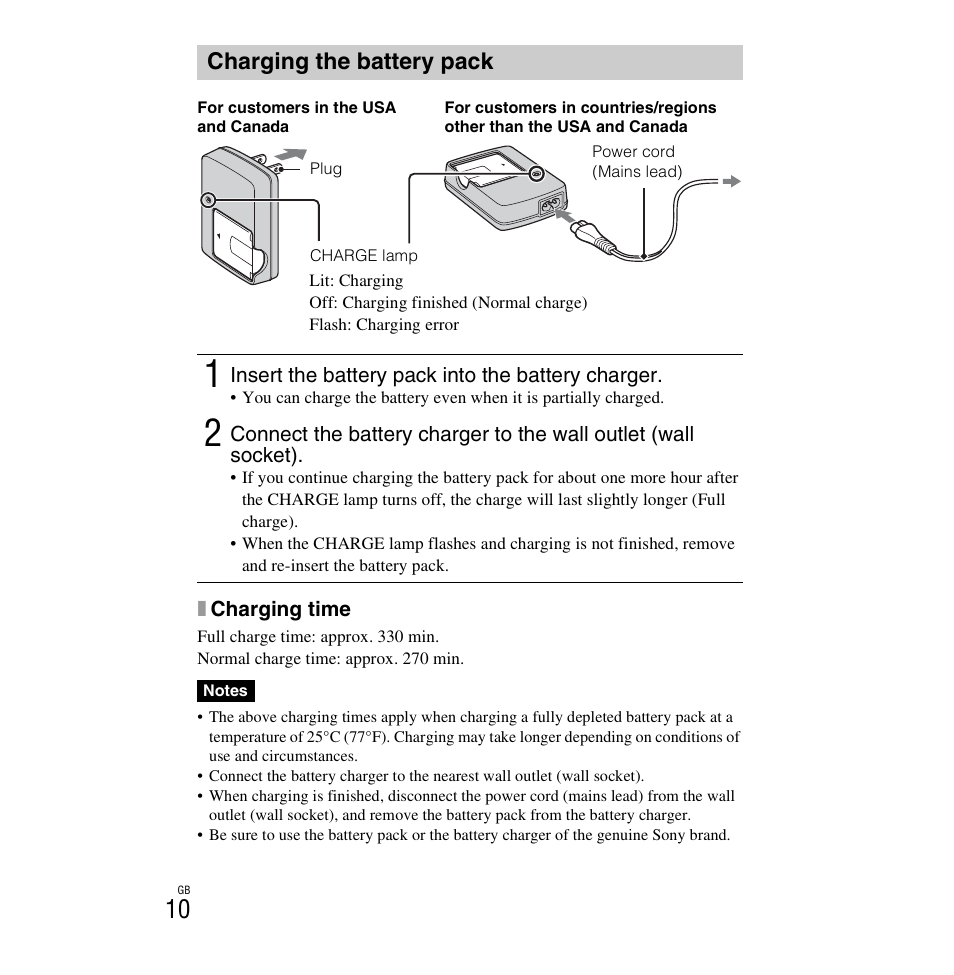 Charging the battery pack | Sony DSC-H90 User Manual | Page 10 / 52