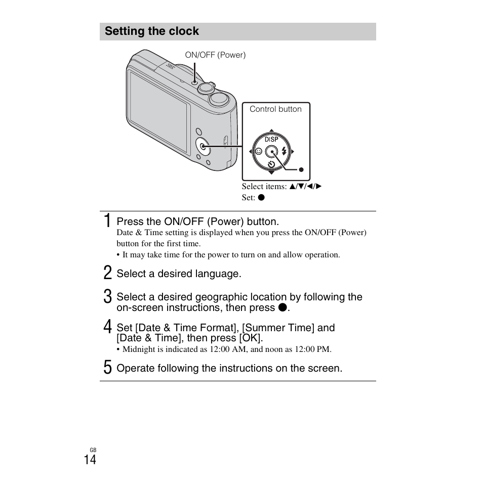 Setting the clock | Sony DSC-H90 User Manual | Page 14 / 52